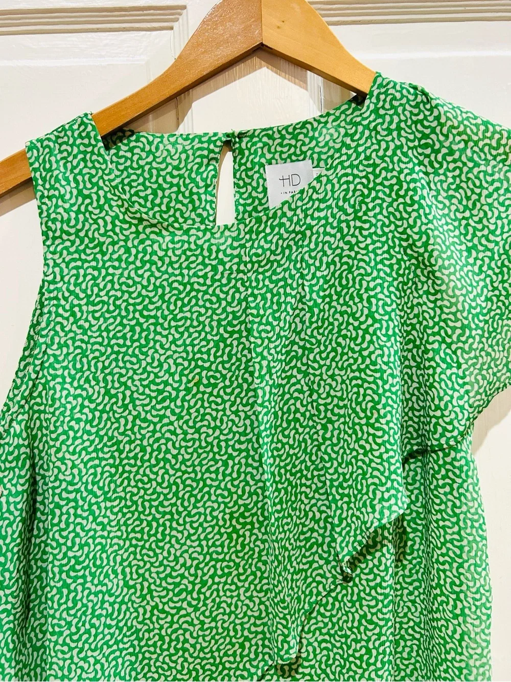 HD in Paris Anthropologie Green Print Asymmetrical Ruffle Sleeveless Top Size 8 - Picture 6 of 9